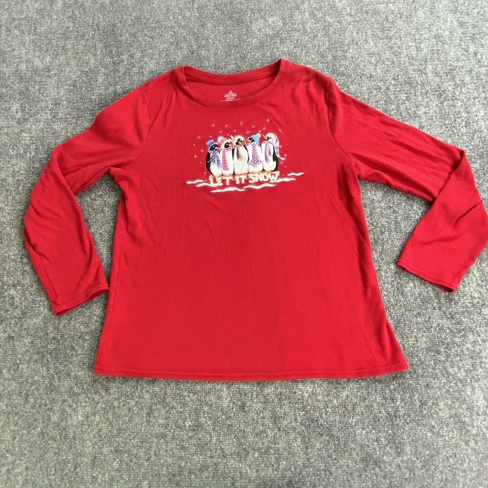 Christmas Let It Snow Penguin Top Women M Red Embroidered Sequin Holiday Winter‎